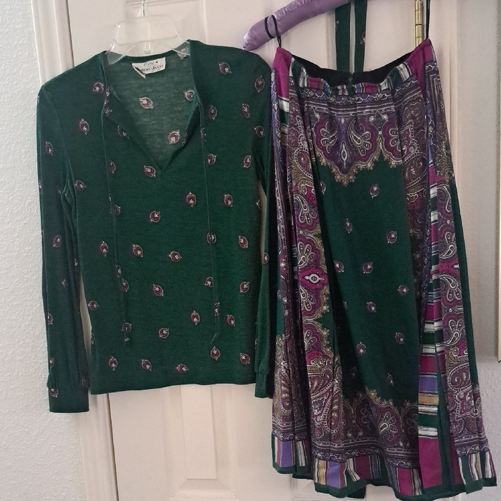 Vintage Robert Janan Green Paisley Print Skirt Set Sz 6